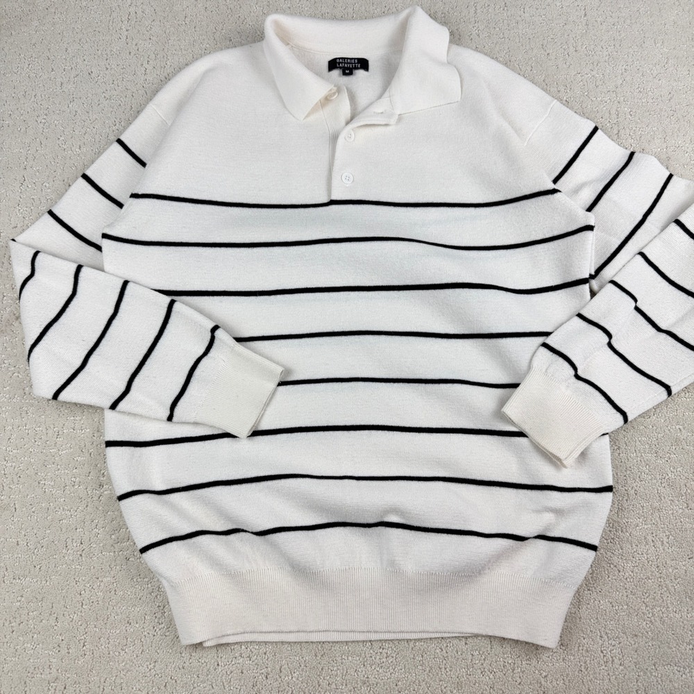 Galeries Lafayette Knit Polo Sweater Women M White Navy Striped Breton French